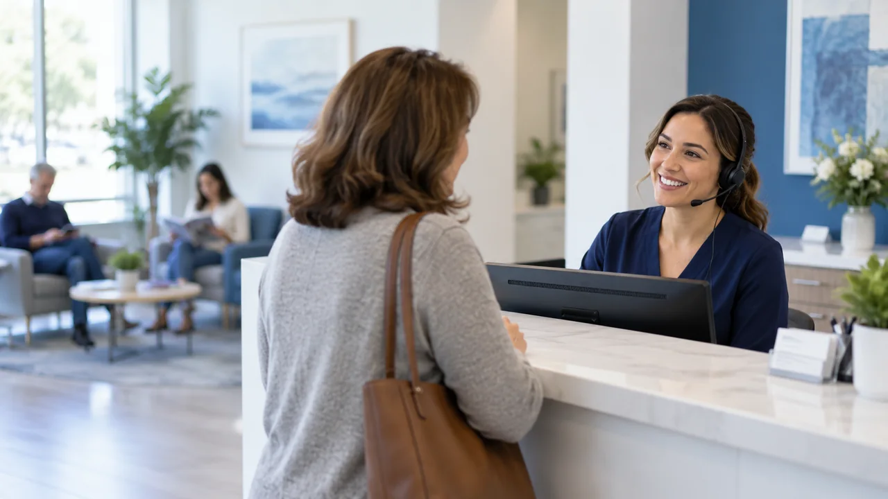 A medical clinic receptionist welcoming a visitor at the front desk