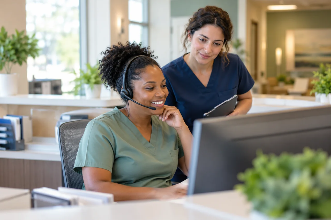 Medical care coordinators working together at a clinic desk