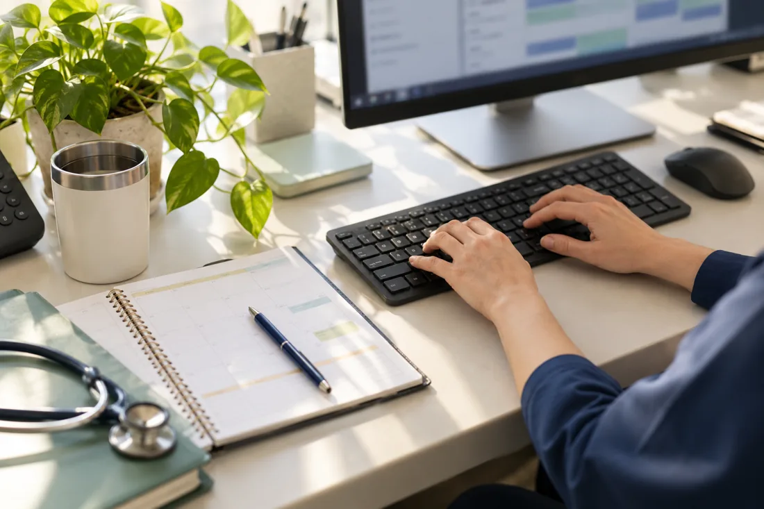 A clinic scheduling workstation with a receptionist organizing appointments