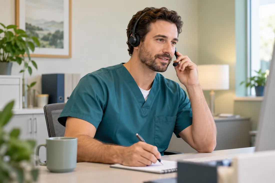 A nurse making a patient follow-up call from a clinic office