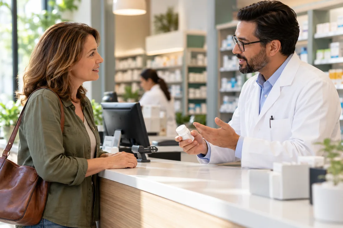 A patient speaking with a pharmacist about a prescription inquiry